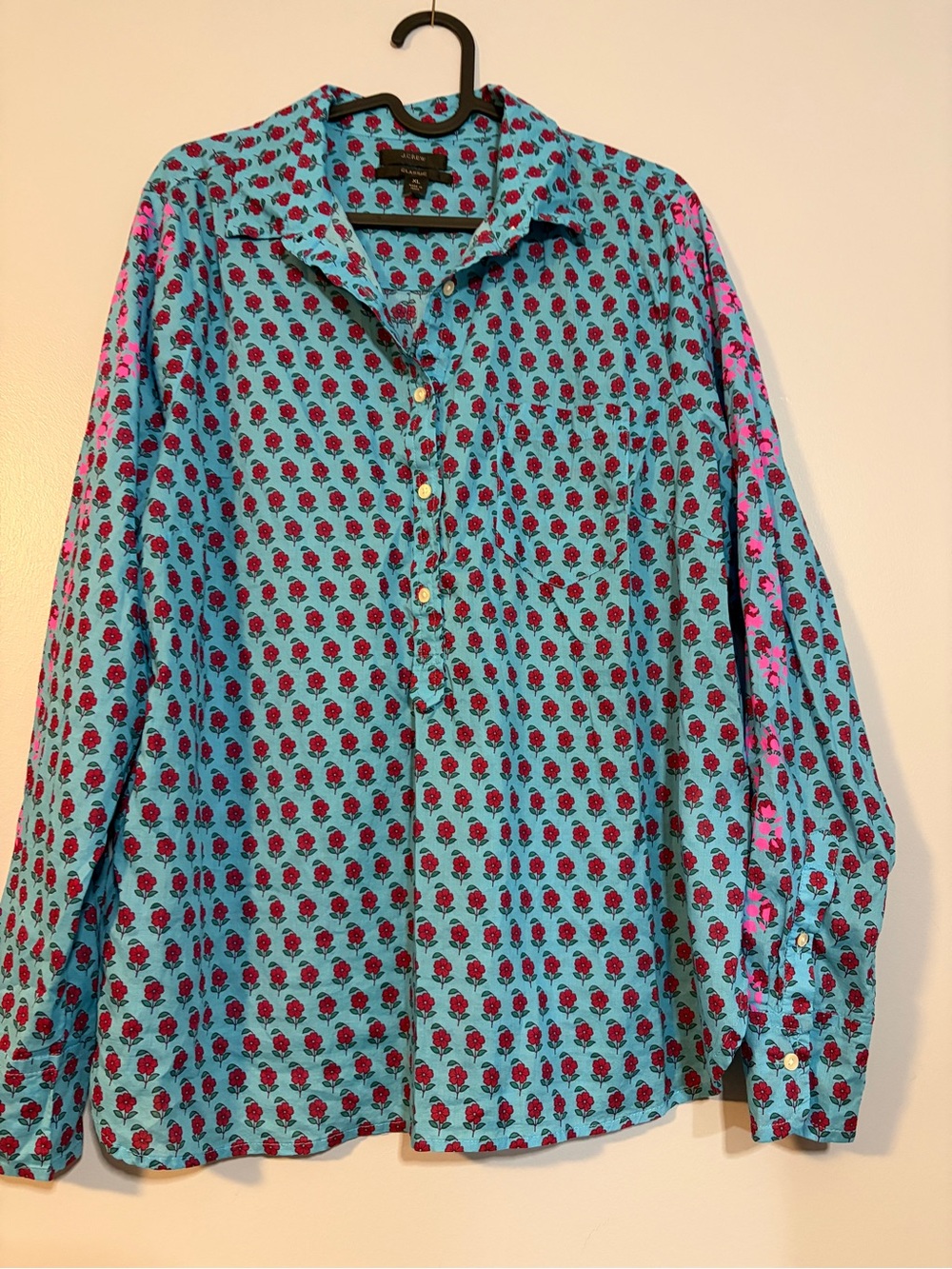 J. Crew Teal Tunic with Pink Floral Motif Cotton
